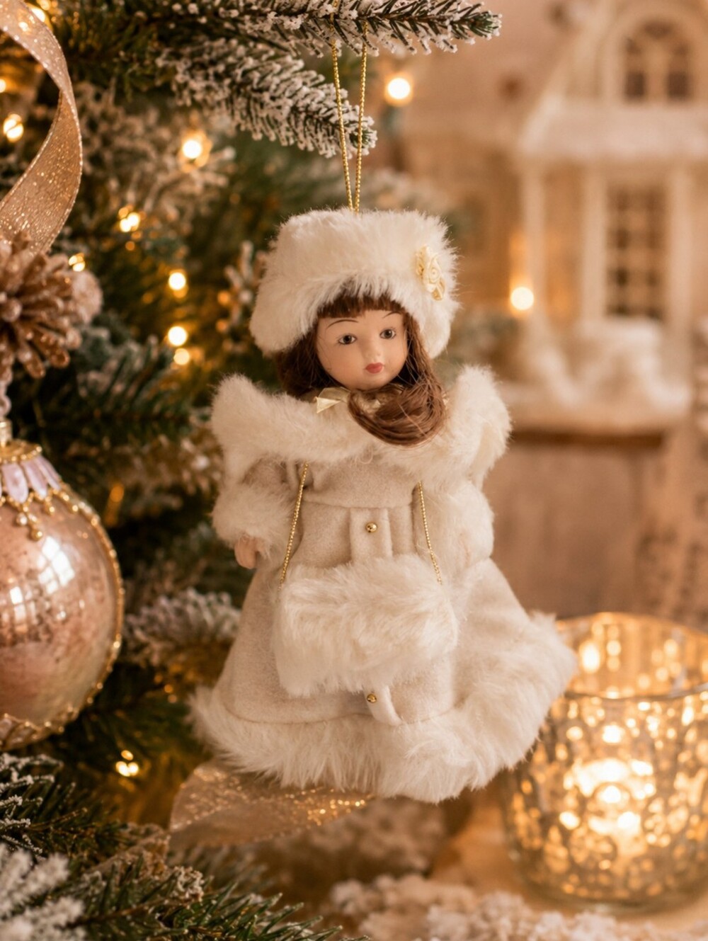 Vintage Victorian Winter Girl Doll Ornament Faux Fur Christmas Tree Decor 6"